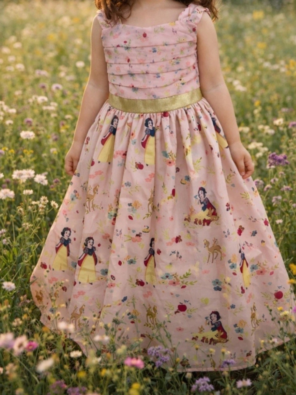 Disney Pink Snow White Print Dress with Gold Waistband